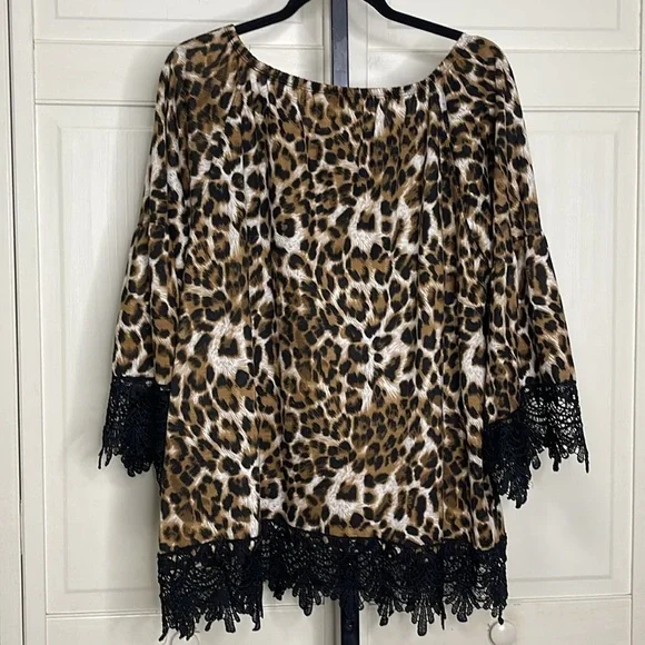 Ali Miles Women's Animal Print Lace Hem 3/4
Sleeve Round Neck Blouse Sz 2X - Picture 8 of 11